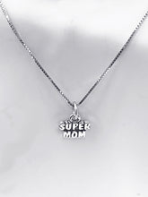 Load image into Gallery viewer, Mothers Day Necklace Sterling Silver Super Mom Charm with Rhodium Plated Sterling Silver 0.9mm Stamped 925 Italy Finished Box Chain Necklace