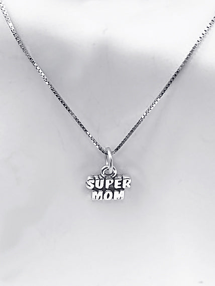 Mothers Day Necklace Sterling Silver Super Mom Charm with Rhodium Plated Sterling Silver 0.9mm Stamped 925 Italy Finished Box Chain Necklace