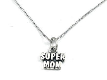 Load image into Gallery viewer, Mothers Day Necklace Sterling Silver Super Mom Charm with Rhodium Plated Sterling Silver 0.9mm Stamped 925 Italy Finished Box Chain Necklace