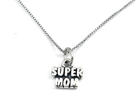 Mothers Day Necklace Sterling Silver Super Mom Charm with Rhodium Plated Sterling Silver 0.9mm Stamped 925 Italy Finished Box Chain Necklace