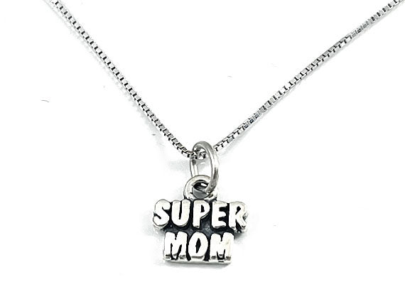 Mothers Day Necklace Sterling Silver Super Mom Charm with Rhodium Plated Sterling Silver 0.9mm Stamped 925 Italy Finished Box Chain Necklace