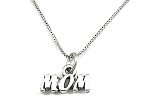 Mothers Day Necklace, Sterling Silver MOM Charm with Rhodium Plated 925 Sterling Silver 0.9mm Stamped 925 Italy Finished Box Chain Necklace