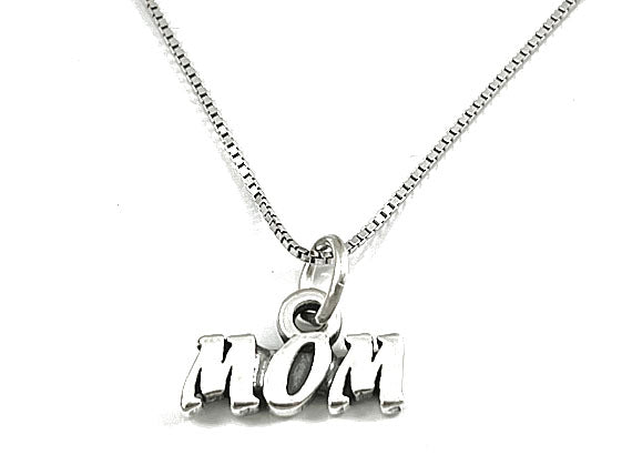 Mothers Day Necklace, Sterling Silver MOM Charm with Rhodium Plated 925 Sterling Silver 0.9mm Stamped 925 Italy Finished Box Chain Necklace