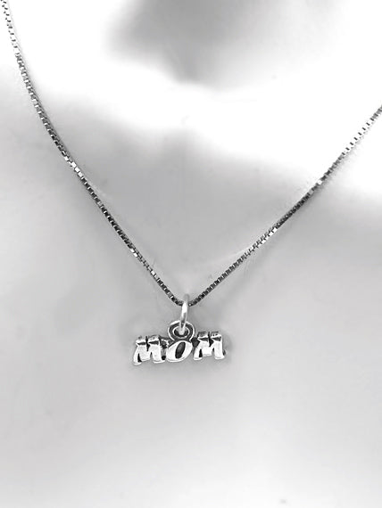 Mothers Day Necklace, Sterling Silver MOM Charm with Rhodium Plated 925 Sterling Silver 0.9mm Stamped 925 Italy Finished Box Chain Necklace