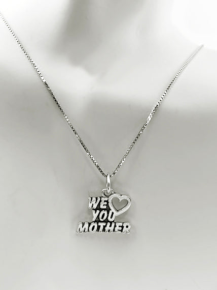 Mothers Day Necklace Sterling Silver We Love You Mother Charm with Rhodium Plated Sterling Silver 0.9mm Stamped 925 Italy Finished Box Chain