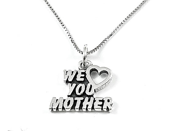 Mothers Day Necklace Sterling Silver We Love You Mother Charm with Rhodium Plated Sterling Silver 0.9mm Stamped 925 Italy Finished Box Chain
