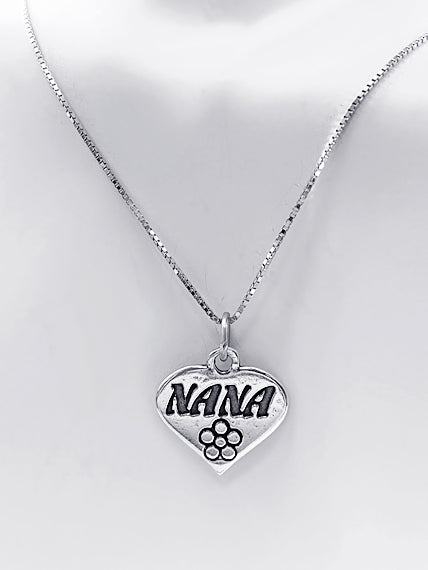 Mothers Day Necklace, Sterling Silver NANA Charm with Rhodium Plated 925 Sterling Silver 0.9mm Stamped 925 Italy Finished Box Chain Necklace