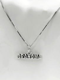 Mothers Day Necklace, Sterling Silver Grandma Charm with Rhodium Plated Sterling Silver 0.9mm Stamped 925 Italy Finished Box Chain Necklace