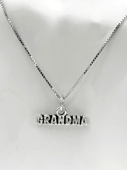 Mothers Day Necklace, Sterling Silver Grandma Charm with Rhodium Plated Sterling Silver 0.9mm Stamped 925 Italy Finished Box Chain Necklace