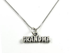 Mothers Day Necklace, Sterling Silver Grandma Charm with Rhodium Plated Sterling Silver 0.9mm Stamped 925 Italy Finished Box Chain Necklace