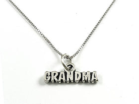 Mothers Day Necklace, Sterling Silver Grandma Charm with Rhodium Plated Sterling Silver 0.9mm Stamped 925 Italy Finished Box Chain Necklace