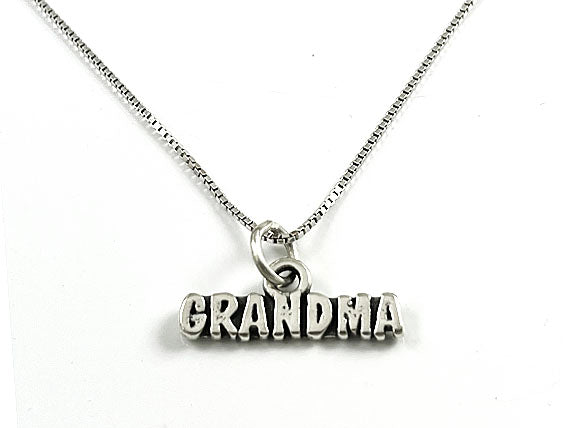 Mothers Day Necklace, Sterling Silver Grandma Charm with Rhodium Plated Sterling Silver 0.9mm Stamped 925 Italy Finished Box Chain Necklace