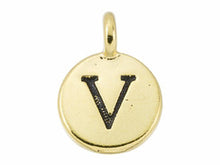 Load image into Gallery viewer, TierraCast Pewter Alphabet Charm Antique Gold Plated -  V
