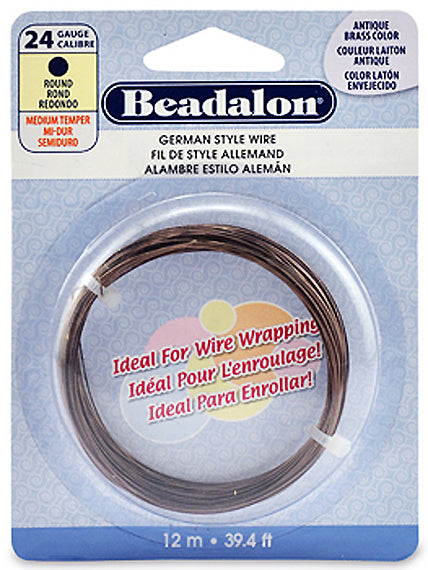 24 Gauge German Style Round Basemetal Wire Gold, Silver, Copper, Hematite, Antique Brass, Satin Brass, 12 meter - Beadalon