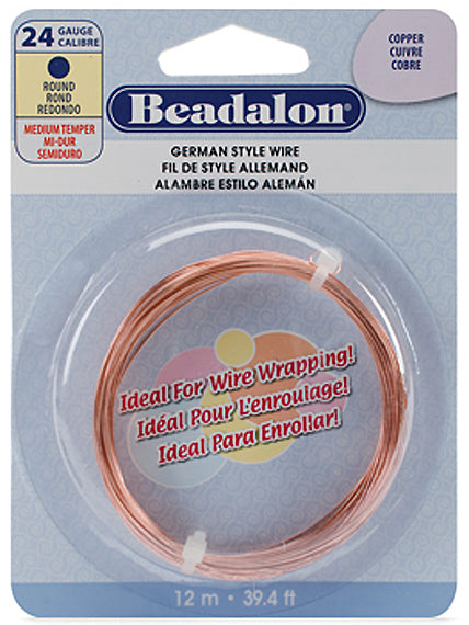24 Gauge German Style Round Basemetal Wire Gold, Silver, Copper, Hematite, Antique Brass, Satin Brass, 12 meter - Beadalon