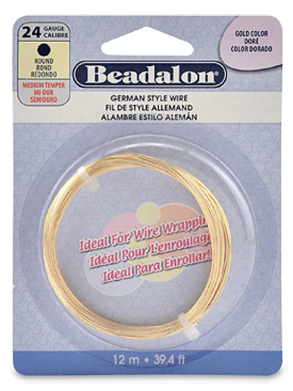 24 Gauge German Style Round Basemetal Wire Gold, Silver, Copper, Hematite, Antique Brass, Satin Brass, 12 meter - Beadalon