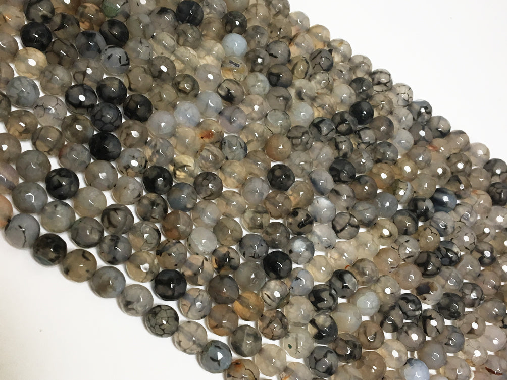 8mm Gray Rutilated Agate Faceted Round Gemstones Full Strand 48 beads Silver Black White - SAGT373 - BeadPrism