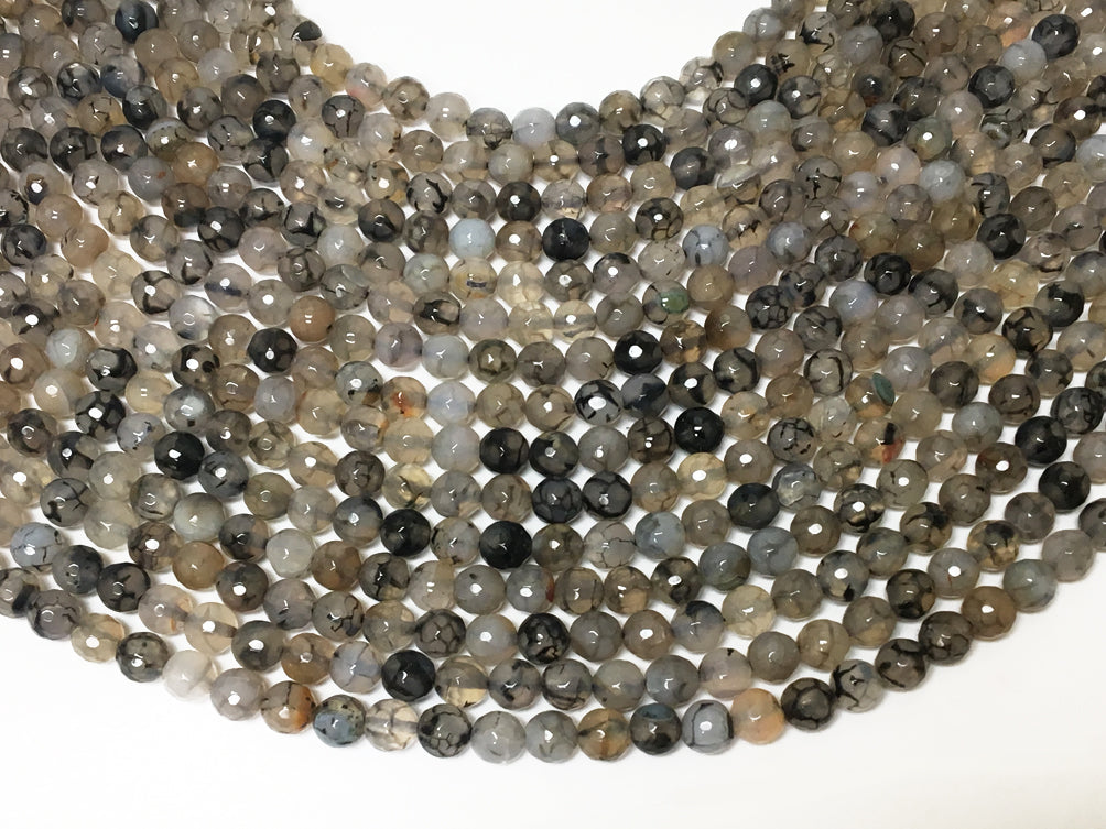 8mm Gray Rutilated Agate Faceted Round Gemstones Full Strand 48 beads Silver Black White - SAGT373 - BeadPrism