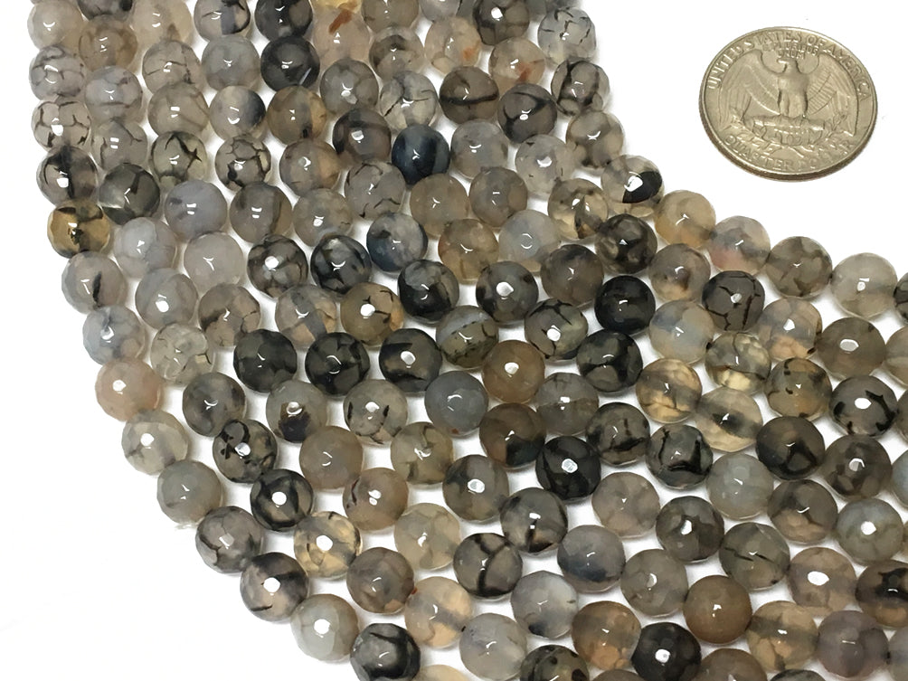 8mm Gray Rutilated Agate Faceted Round Gemstones Full Strand 48 beads Silver Black White - SAGT373 - BeadPrism