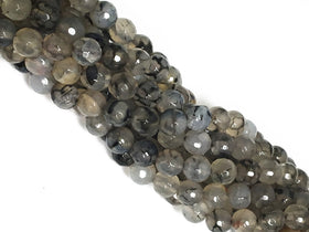 8mm Gray Rutilated Agate Faceted Round Gemstones Full Strand 48 beads Silver Black White - SAGT373 - BeadPrism