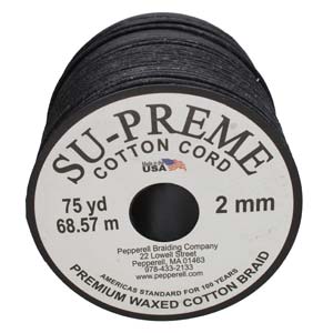 Supreme Waxed Cotton Cord 2mm Round Black 75 Yards - UW20-BLK75