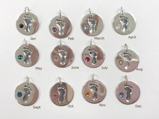 Baby Feet Footprint Swarovski Birthstone Charms Sterling Silver 14mm Crystal Engravable Choose Month - BeadPrism