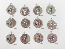 Load image into Gallery viewer, Baby Feet Footprint Swarovski Birthstone Charms Sterling Silver 14mm Crystal Engravable Choose Month - BeadPrism