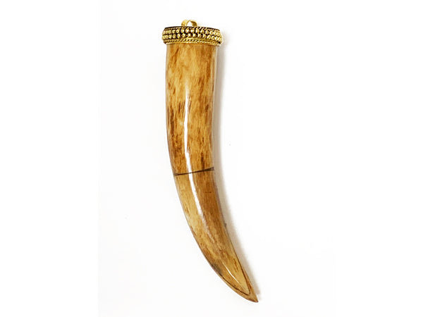 Brown Horn Tusk tooth Pendant with Brass Cap Antique Brown Extra Large 4 in 103mm x 22mm - TP120BRN - BeadPrism