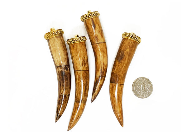Brown Horn Tusk tooth Pendant with Brass Cap Antique Brown Extra Large 4 in 103mm x 22mm - TP120BRN - BeadPrism