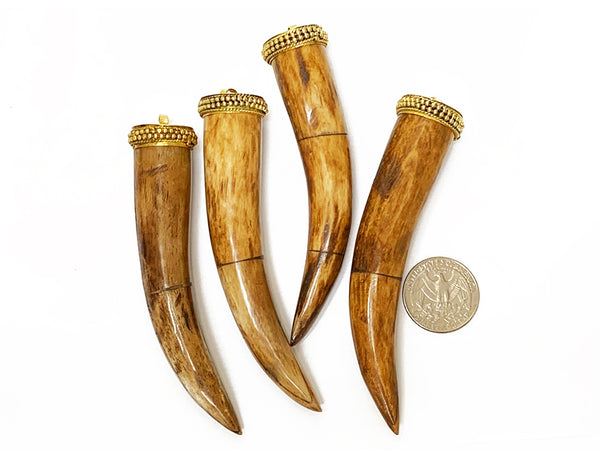 Brown Horn Tusk tooth Pendant with Brass Cap Antique Brown Extra Large 4 in 103mm x 22mm - TP120BRN - BeadPrism
