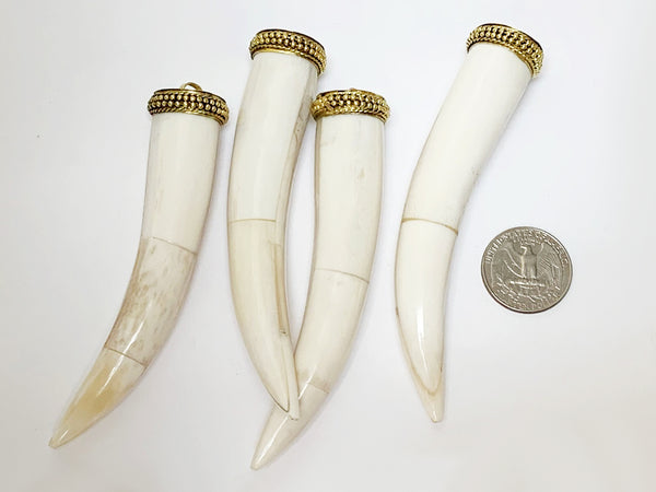 White Horn Tusk tooth Bone Pendant with Brass Cap Antique ivory Extra Large 4in 101 x 22mm - TP120LW - BeadPrism