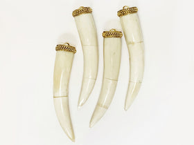 White Horn Tusk tooth Bone Pendant with Brass Cap Antique ivory Extra Large 4in 101 x 22mm - TP120LW - BeadPrism