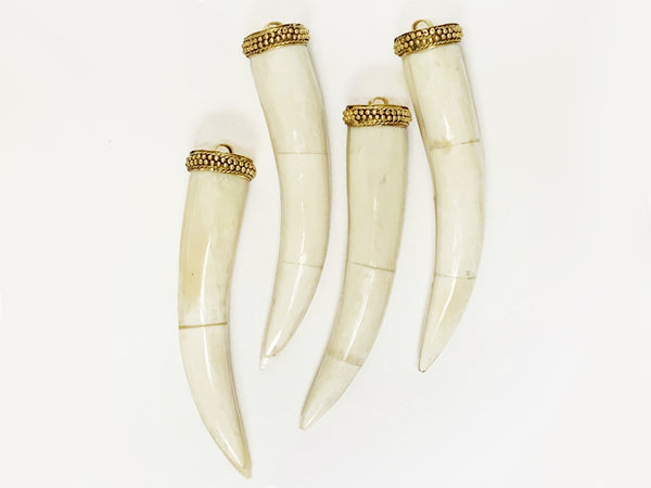 White Horn Tusk tooth Bone Pendant with Brass Cap Antique ivory Extra Large 4in 101 x 22mm - TP120LW - BeadPrism