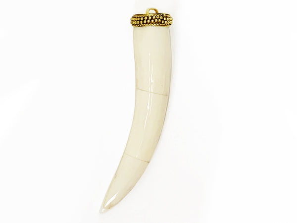 White Horn Tusk tooth Bone Pendant with Brass Cap Antique ivory Extra Large 4in 101 x 22mm - TP120LW - BeadPrism