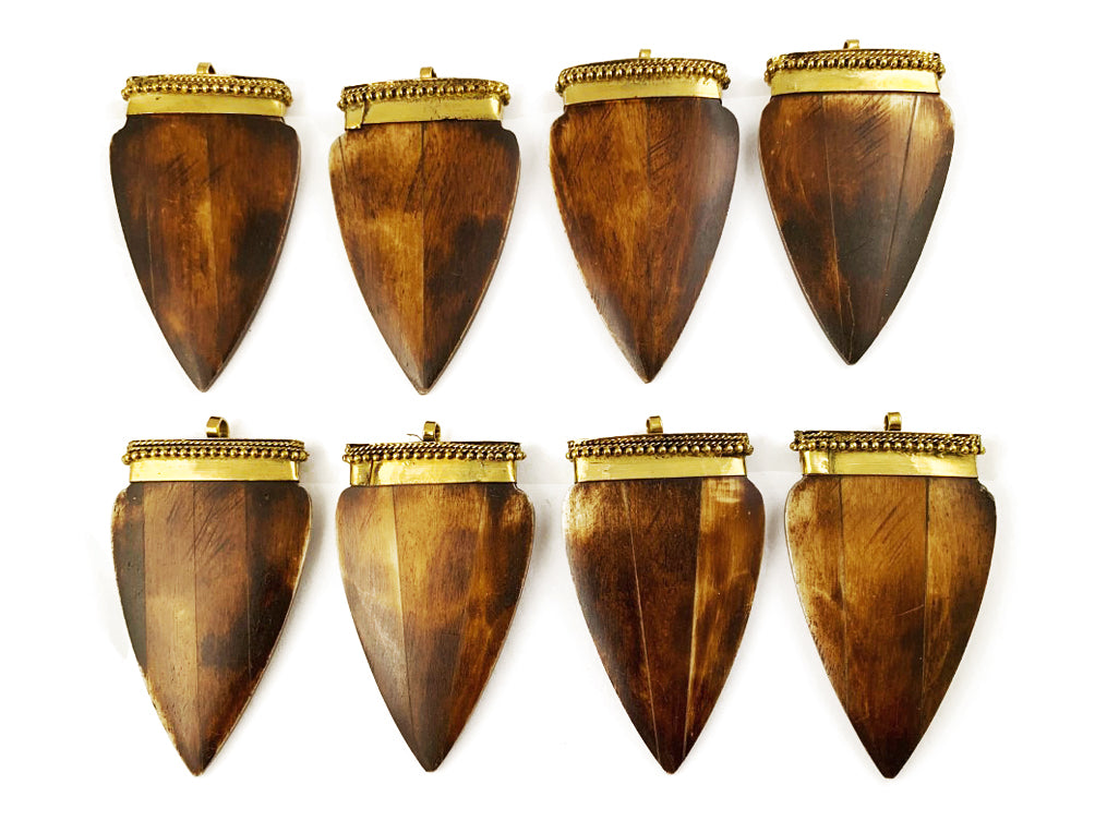 1 pc Bone Flat Arrow Pendant Brown Tone with Gold Tone Cap, 69 x 39 x 10mm Tribal Nepal Tibetan Boho - BeadPrism