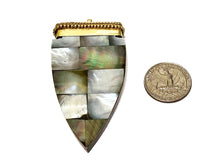 Load image into Gallery viewer, Tibetan Arrowhead Pendant, 3" Mother of Pearl Abalone Inlay, Wood base, Arrow head Amulet - TP230 - BeadPrism