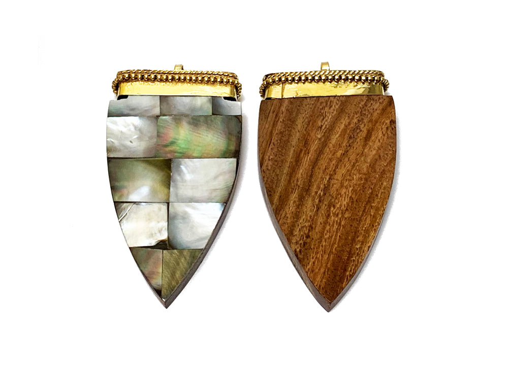 Tibetan Arrowhead Pendant, 3" Mother of Pearl Abalone Inlay, Wood base, Arrow head Amulet - TP230 - BeadPrism