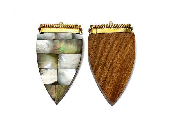 Tibetan Arrowhead Pendant, 3" Mother of Pearl Abalone Inlay, Wood base, Arrow head Amulet - TP230 - BeadPrism