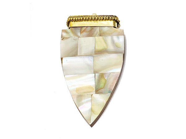 Tibetan Arrowhead Pendant, 3" White Mother of Pearl Inlay, Wood Base Arrow head Amulet - TP231 - BeadPrism