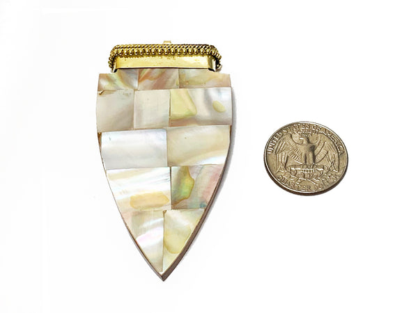 Tibetan Arrowhead Pendant, 3" White Mother of Pearl Inlay, Wood Base Arrow head Amulet - TP231 - BeadPrism