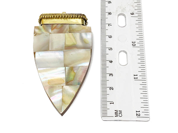 Tibetan Arrowhead Pendant, 3" White Mother of Pearl Inlay, Wood Base Arrow head Amulet - TP231 - BeadPrism