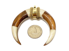 Load image into Gallery viewer, 3" Wood Bone Pendant Crescent Moon 15mm thick 2.5", 3mm hole bail antique gold White &amp; Brown - TP232 - BeadPrism