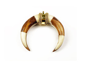 3" Wood Bone Pendant Crescent Moon 15mm thick 2.5", 3mm hole bail antique gold White & Brown - TP232 - BeadPrism