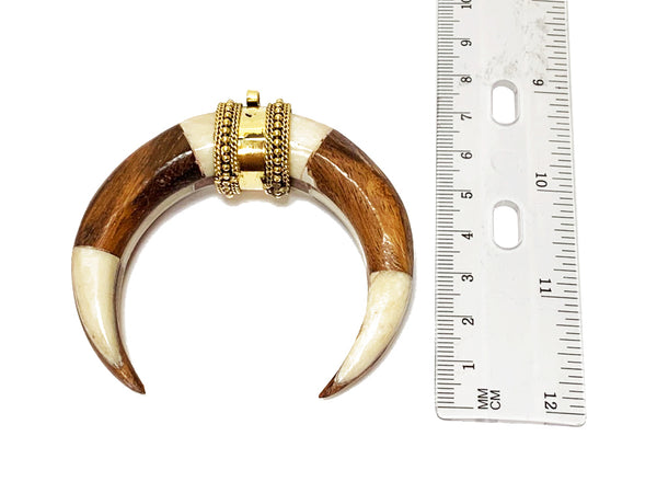 3" Wood Bone Pendant Crescent Moon 15mm thick 2.5", 3mm hole bail antique gold White & Brown - TP232 - BeadPrism