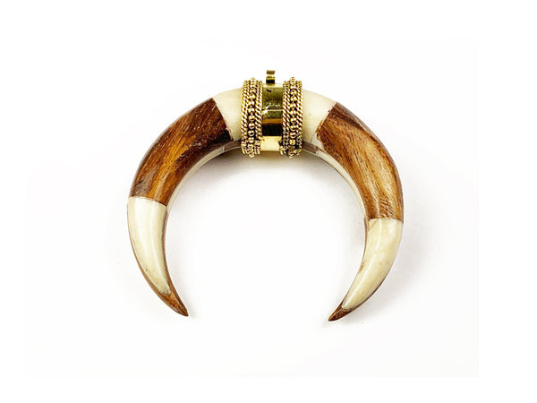 3" Wood Bone Pendant Crescent Moon 15mm thick 2.5", 3mm hole bail antique gold White & Brown - TP232 - BeadPrism