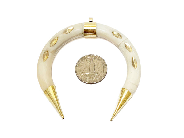 Bone Crescent moon Pendant, 3" Double tusk, Brass Inlay Gold Capped, White with Gold Inlay - TP233 - BeadPrism