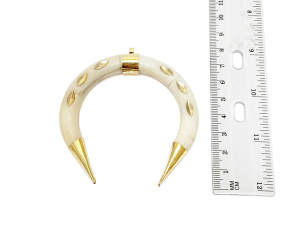 Bone Crescent moon Pendant, 3" Double tusk, Brass Inlay Gold Capped, White with Gold Inlay - TP233 - BeadPrism