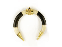 Load image into Gallery viewer, Natural Bone Crescent moon Pendant 3" Double tusk Gold Capped stripped Black and White - TP234 - BeadPrism