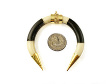 Load image into Gallery viewer, Natural Bone Crescent moon Pendant 3" Double tusk Gold Capped stripped Black and White - TP234 - BeadPrism