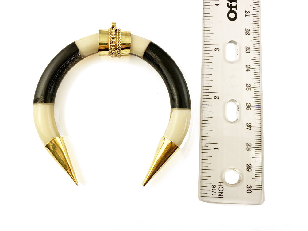 Natural Bone Crescent moon Pendant 3" Double tusk Gold Capped stripped Black and White - TP234 - BeadPrism